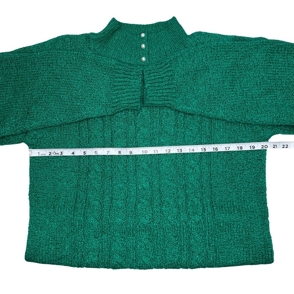 Vintage Cable Knit Sweater Faux Pearl Tall Collar Miranda Emerald Green Medium M - Picture 12 of 17